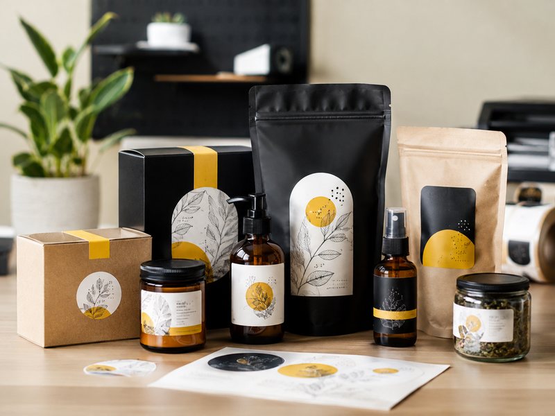 An assortment of custom-labelled product packaging across different product types