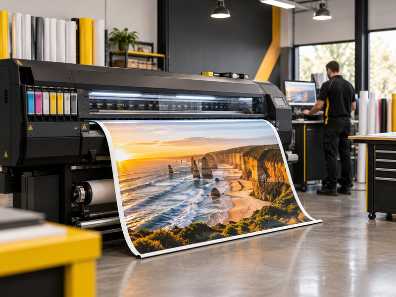 A large format printer producing a wide-format print