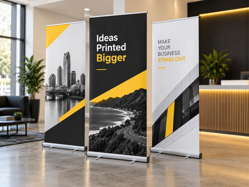 Retractable pull-up banners displayed in an indoor reception area
