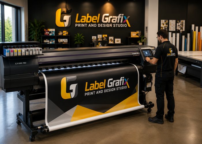 A large-format printer producing a Label Grafix banner, with a Label Grafix team member in branded workwear